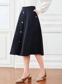 SHEIN Clasi 素色單排釦喇叭半身裙 - 藏蓝色 - 查看 1