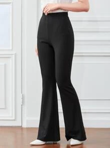 SHEIN EZwear 素色羅紋針織喇叭褲 - 黑色 - 查看 5