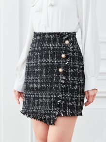 BizChic High Waist Plaid Pattern Raw Trim Single Breasted Tweed Skirt - Black - View 1