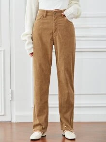 SHEIN LUNE High Waist Corduroy Straight Leg Pants Fall Cloth For Women - Camel - View 5