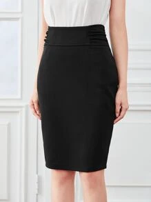 SHEIN Clasi 褶邊拉鍊後背開叉半身裙 - 黑色 - 查看 1