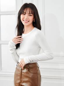 BizChic 2025 Women's Pure White Elastic Boat Neck Sweater, Romantic, Elegant, Versatile, Business Casual Outfit For Daily Wear, Office, Commute In Fall/Winter