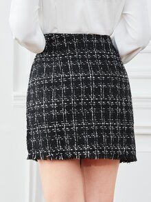 BizChic High Waist Plaid Pattern Raw Trim Single Breasted Tweed Skirt - Black - View 2