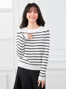 SHEIN Frenchy Striped Button Detail Sweater In Fall/Winter Casual - Black and White - View 1