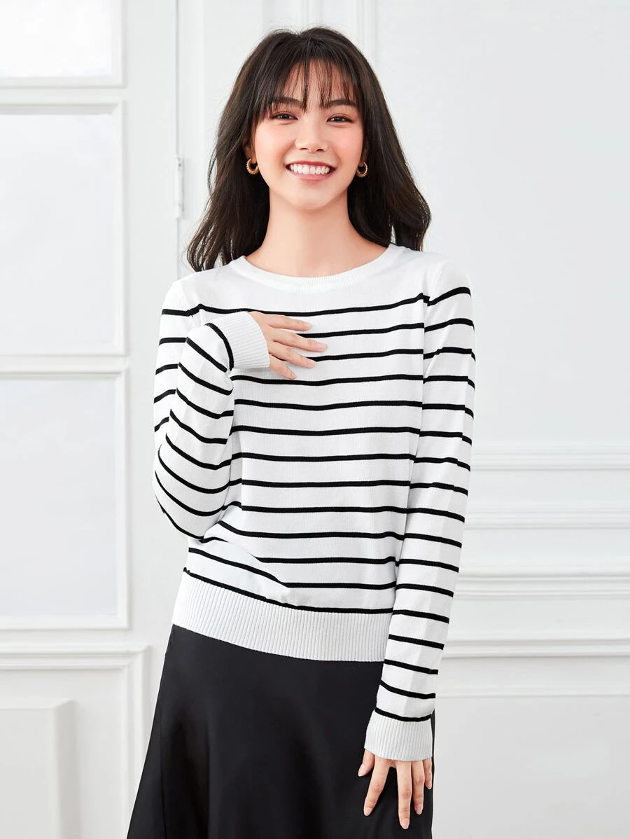 SHEIN Frenchy Striped Button Detail Sweater In Fall/Winter Casual - Black and White - View 1