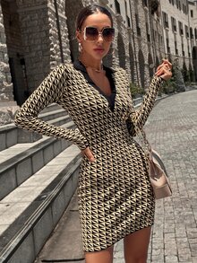 Knit Mix Geo Pattern Jumper Dress - Black and White - View 8