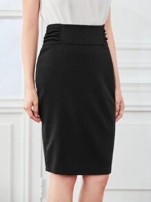 SHEIN Clasi 褶邊拉鍊後背開叉半身裙 - 黑色 - 查看 3