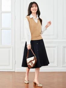 SHEIN Clasi 素色單排釦喇叭半身裙 - 藏蓝色 - 查看 4