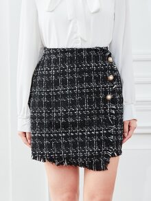 BizChic High Waist Plaid Pattern Raw Trim Single Breasted Tweed Skirt - Black - View 3