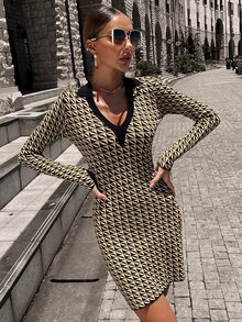 Knit Mix Geo Pattern Jumper Dress - Black and White - View 9