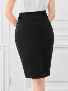 SHEIN Clasi 褶邊拉鍊後背開叉半身裙 - 黑色 - 查看 4