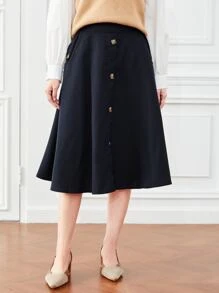 SHEIN Clasi 素色單排釦喇叭半身裙 - 藏蓝色 - 查看 5