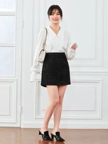 SHEIN BAE 素色高腰粗花呢半身裙