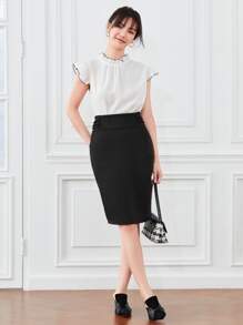 SHEIN Clasi 褶邊拉鍊後背開叉半身裙 - 黑色 - 查看 5