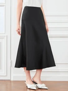 SHEIN BIZwear 黑色纯色工作裙，带拉链细节，女士优雅拉链中长紧身高腰黑色纯色女式裙子，春夏，休闲日常穿着