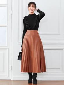 Firerie Solid Mock Neck Ruffle Trim Sweater, Fall And Winter, Elegant, Black, Longsleeve, Crewneckl - Black - View 4