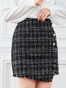 BizChic High Waist Plaid Pattern Raw Trim Single Breasted Tweed Skirt - Black - View 5