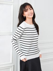 SHEIN Frenchy Striped Button Detail Sweater In Fall/Winter Casual - Black and White - View 3