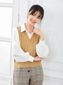 Zielony Solid Cable Knit Sweater Vest Without Blouse