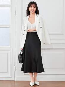 SHEIN BIZwear 黑色纯色工作裙，带拉链细节，女士优雅拉链中长紧身高腰黑色纯色女式裙子，春夏，休闲日常穿着