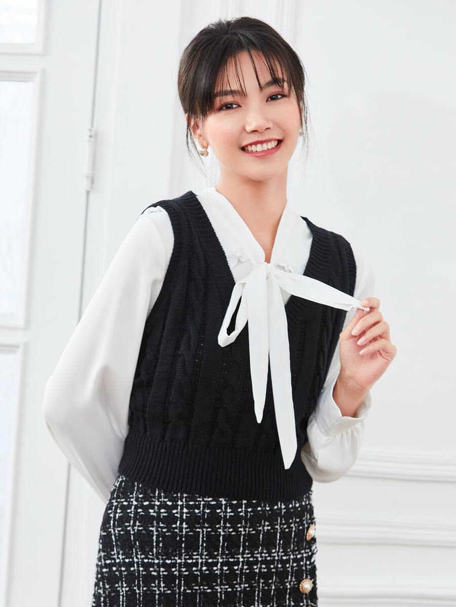 SHEIN Unity Cable Knit Sweater Vest - Black - View 1