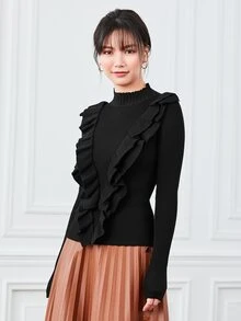 Firerie Solid Mock Neck Ruffle Trim Sweater, Fall And Winter, Elegant, Black, Longsleeve, Crewneckl - Black - View 5