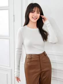 BizChic 2025 Women's Pure White Elastic Boat Neck Sweater, Romantic, Elegant, Versatile, Business Casual Outfit For Daily Wear, Office, Commute In Fall/Winter