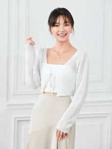 Chiquease 羅紋針織繫帶短版開衫 - 白色 - 查看 1