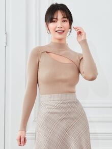 BizChic Áo len Cắt ra màu trơn Thanh lịch - Màu Khaki - Xem 6