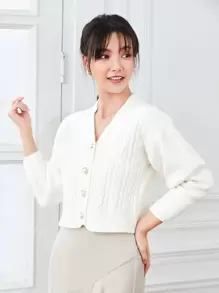 Aveloria Rosie Áo len cardigan dáng rộng thả vai dệt kim cáp, áo dài tay - Màu be - Xem 1