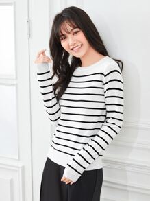 SHEIN Frenchy Striped Button Detail Sweater In Fall/Winter Casual - Black and White - View 5