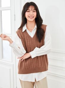 SHEIN Essnce Cable Knit Sweater Vest Without Blouse - Mocha Brown - View 1