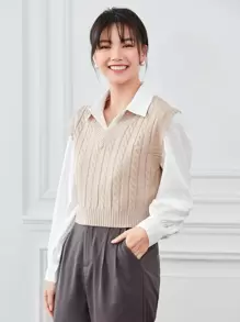 SHEIN Unity Cable Knit Sweater Vest - Apricot - View 3