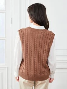 SHEIN Essnce Cable Knit Sweater Vest Without Blouse - Mocha Brown - View 2
