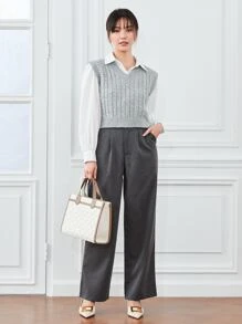 Elamini Cable Knit Sweater Vest - Light Grey - View 4