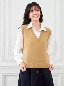 Franclia v領素色毛衣背心 - 卡其色 - 查看 3