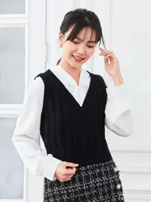 SHEIN Unity Cable Knit Sweater Vest - Black - View 5