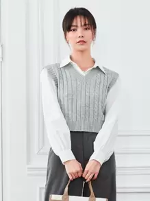 Elamini Cable Knit Sweater Vest - Light Grey - View 5