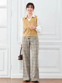 Zielony Solid Cable Knit Sweater Vest Without Blouse