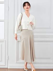 Aveloria Rosie Áo len cardigan dáng rộng thả vai dệt kim cáp, áo dài tay - Màu be - Xem 3