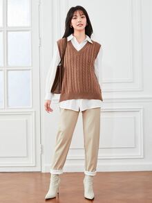 SHEIN Essnce Cable Knit Sweater Vest Without Blouse - Mocha Brown - View 3