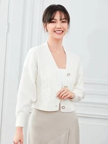 Aveloria Rosie Áo len cardigan dáng rộng thả vai dệt kim cáp, áo dài tay - Màu be - Xem 4