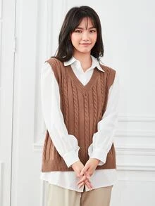SHEIN Essnce Cable Knit Sweater Vest Without Blouse - Mocha Brown - View 4