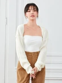 SHEIN Unity Drop Shoulder Crop Solid Cardigan - White - View 5