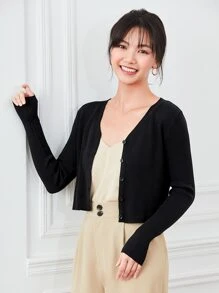 SHEIN EZwear Button Front Rib-Knit Crop Cardigan,Long Sleeve Tops,Tops For School - Black - View 1