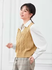 Zielony Solid Cable Knit Sweater Vest Without Blouse