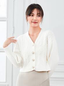 Aveloria Rosie Áo len cardigan dáng rộng thả vai dệt kim cáp, áo dài tay - Màu be - Xem 5