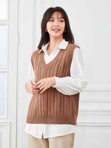 SHEIN Essnce Cable Knit Sweater Vest Without Blouse - Mocha Brown - View 5