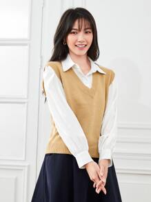 Franclia v領素色毛衣背心 - 卡其色 - 查看 4