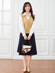 Franclia v領素色毛衣背心 - 卡其色 - 查看 5